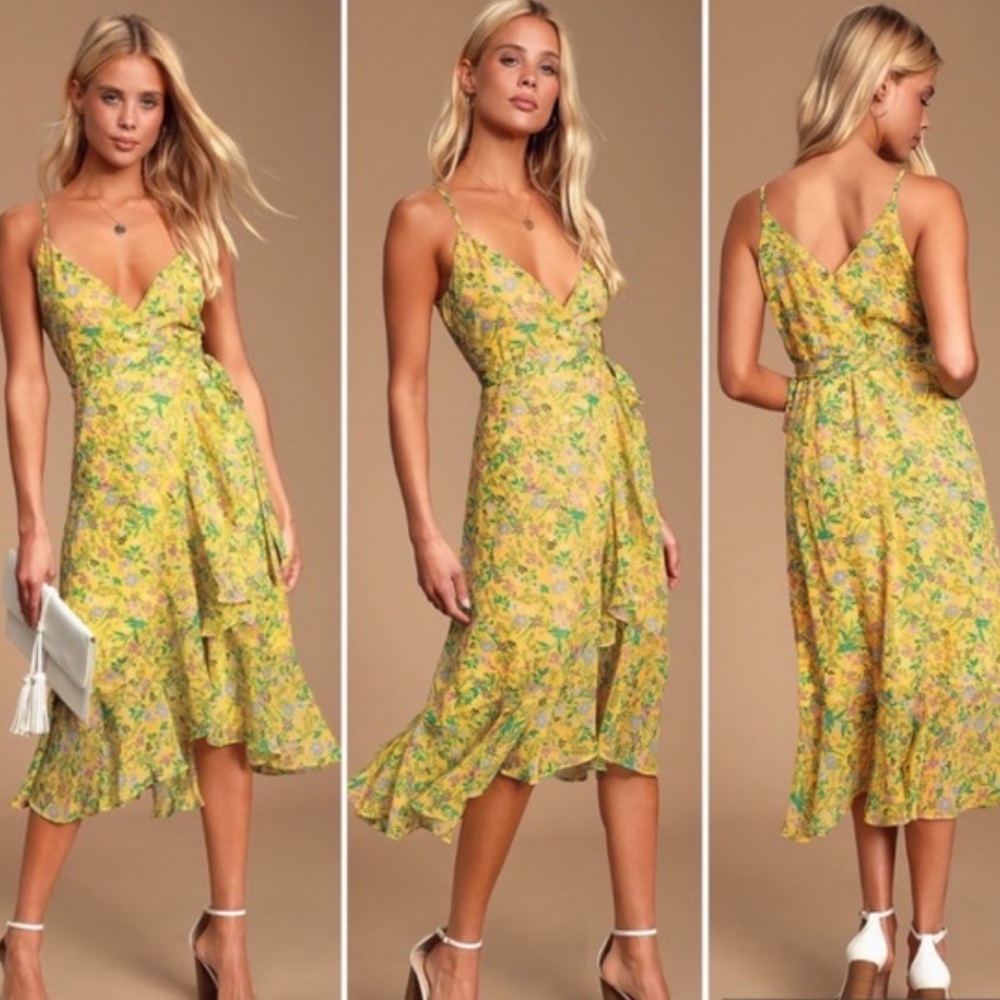 Lulu's Yellow Floral Midi Dress